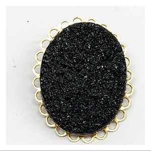 Vtg black faux druzy stone gold tone scalloped setting mourning brooch resin?